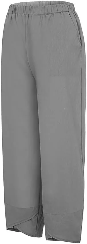 Linen Capris for Women Summer Pants Casual Pockets Cotton Linen Wide Leg Drawstring Elastic Waist Capris Crop Pants