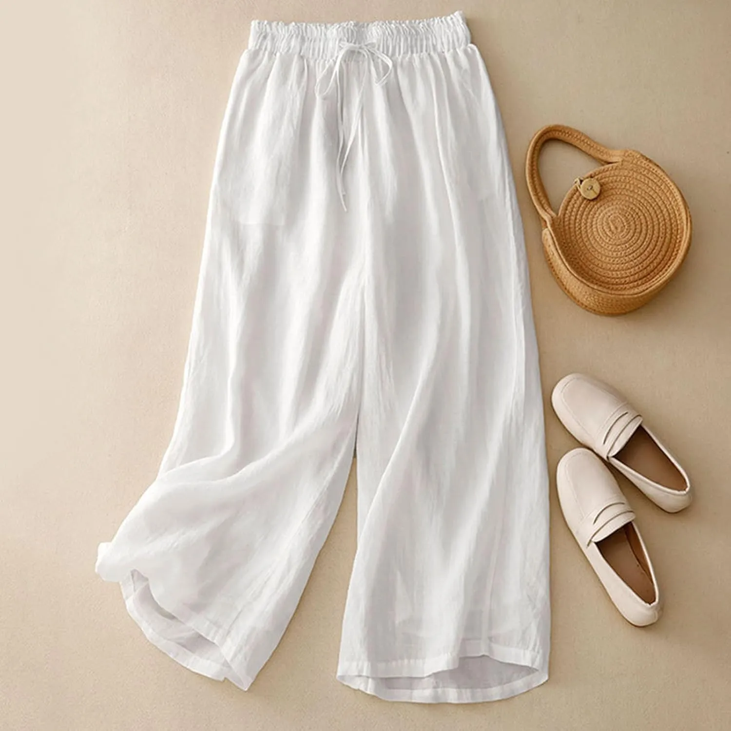 Linen Cropped Pants Women Lounge Casual Capris Plus Size Elastic Crop Pants Summer Soft Linen Wide Leg Lounge Trousers