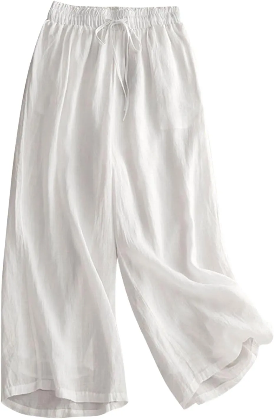 Linen Cropped Pants Women Lounge Casual Capris Plus Size Elastic Crop Pants Summer Soft Linen Wide Leg Lounge Trousers
