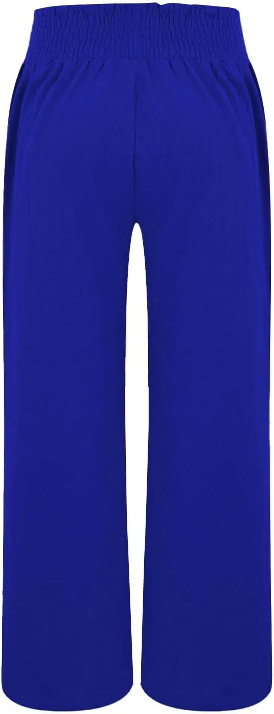 Linen Palazzo Pants for Women Wide Leg Elastic High Waist Printed Pants Flowy Drawstring Smocked Lounge Trousers