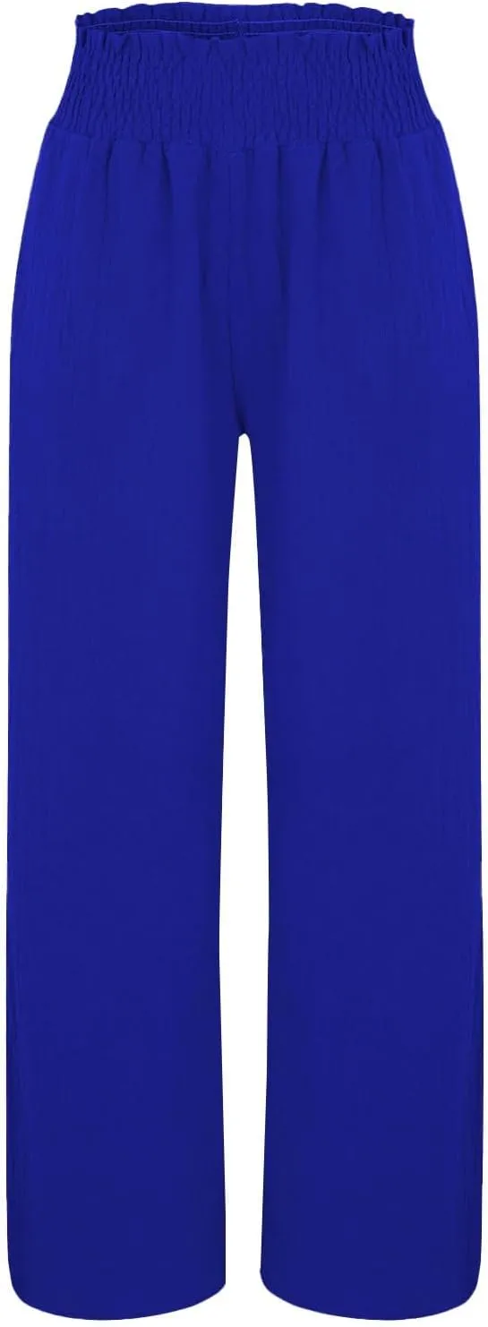 Linen Palazzo Pants for Women Wide Leg Elastic High Waist Printed Pants Flowy Drawstring Smocked Lounge Trousers