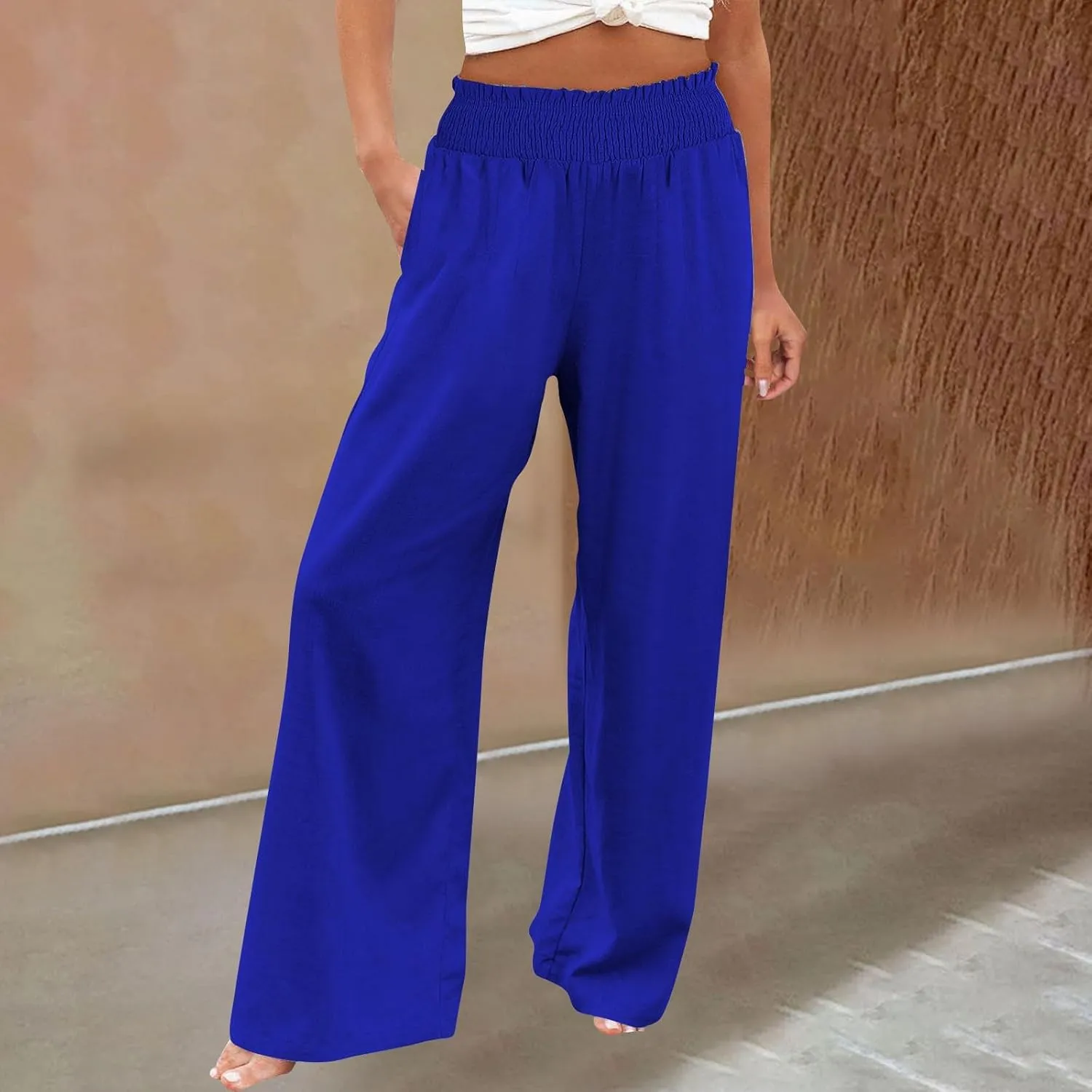 Linen Palazzo Pants for Women Wide Leg Elastic High Waist Printed Pants Flowy Drawstring Smocked Lounge Trousers