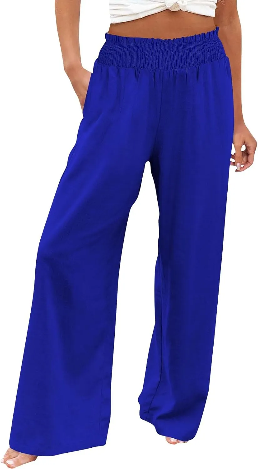 Linen Palazzo Pants for Women Wide Leg Elastic High Waist Printed Pants Flowy Drawstring Smocked Lounge Trousers