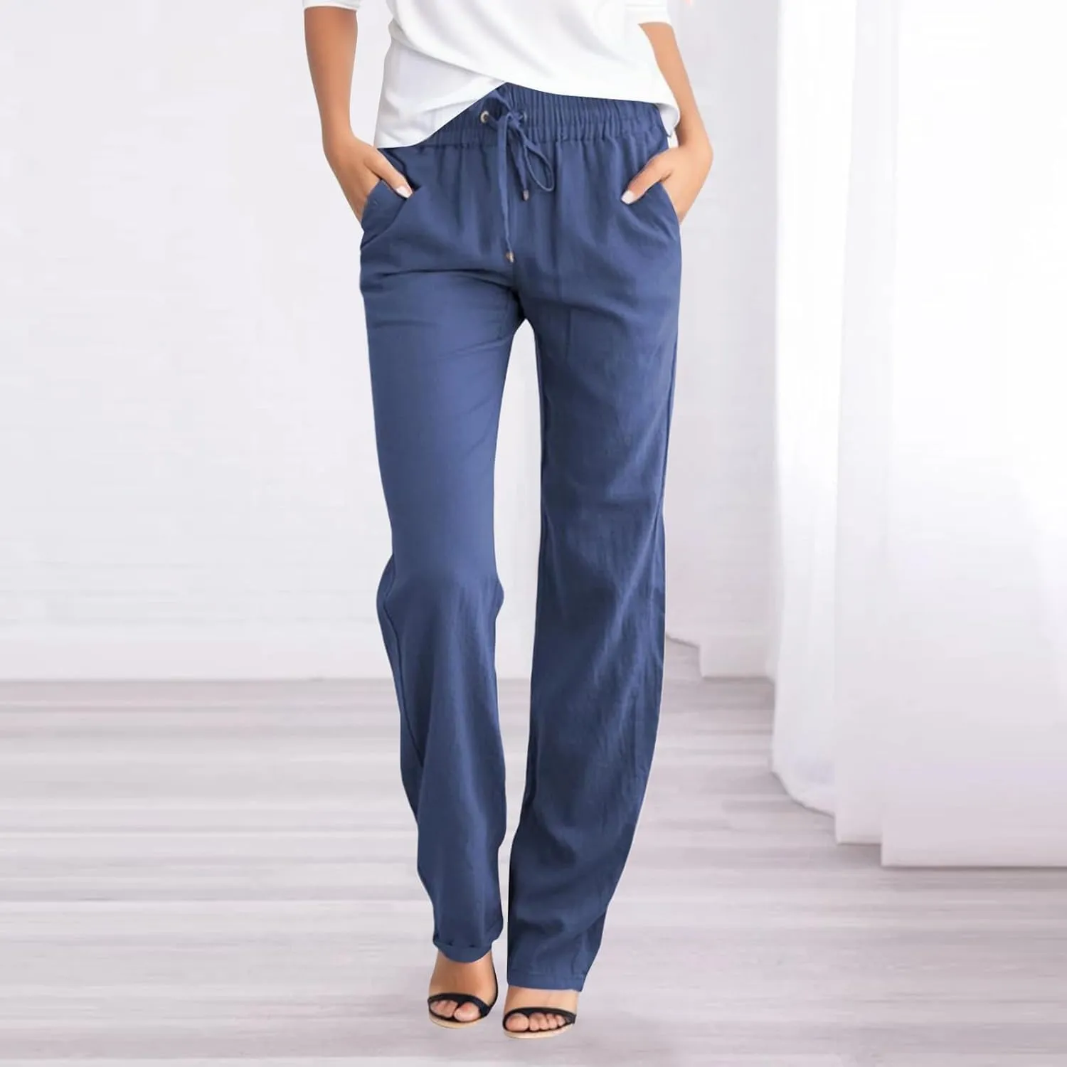 Linen Pants for Women Lounge 2025 Summer Baggy Casual Trousers Straight Leg Lightweight Drawstring Pant with Pockets