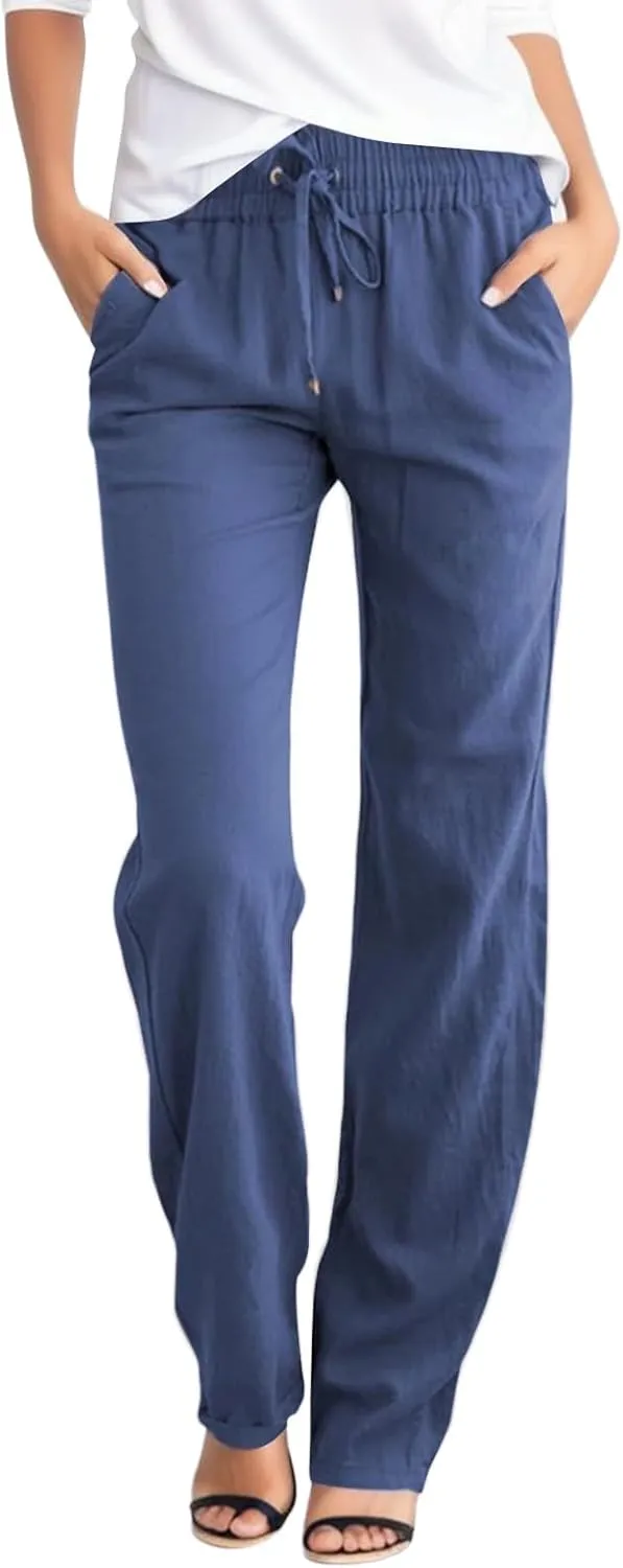 Linen Pants for Women Lounge 2025 Summer Baggy Casual Trousers Straight Leg Lightweight Drawstring Pant with Pockets