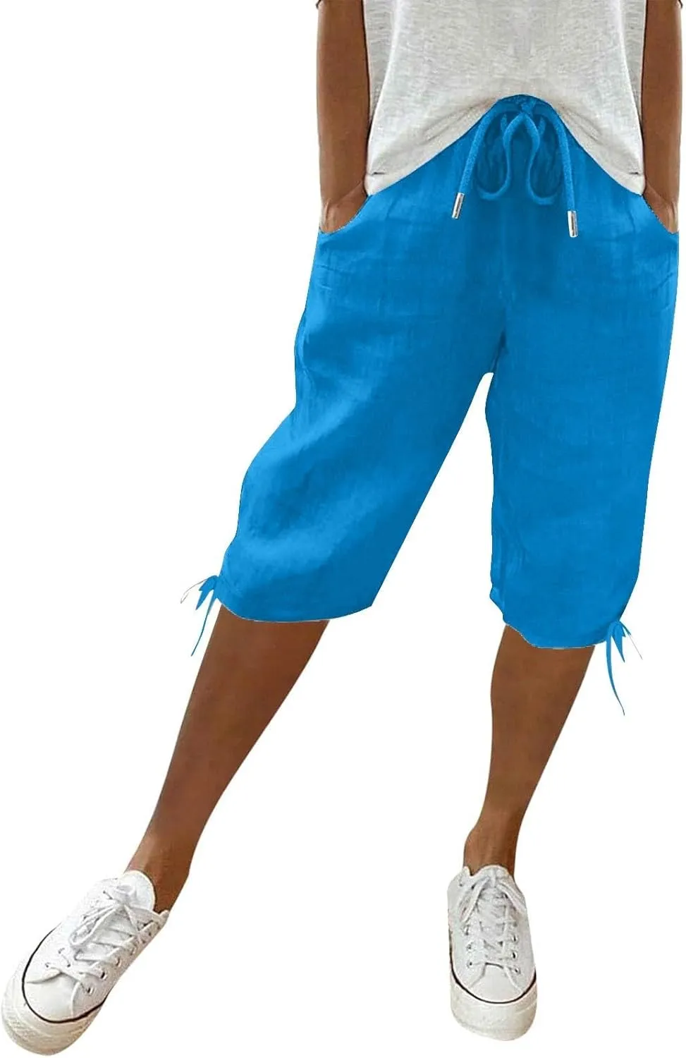 Linen Pants for Women Solid Color Casual Side Lace Summer Drawstring Pants with Pocket for Beach Vacations