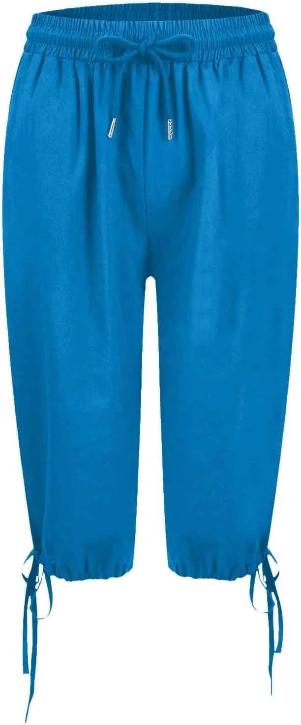 Linen Pants for Women Solid Color Casual Side Lace Summer Drawstring Pants with Pocket for Beach Vacations