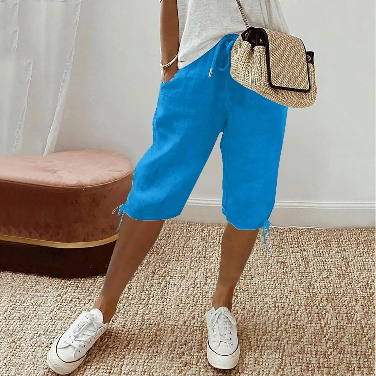 Linen Pants for Women Solid Color Casual Side Lace Summer Drawstring Pants with Pocket for Beach Vacations