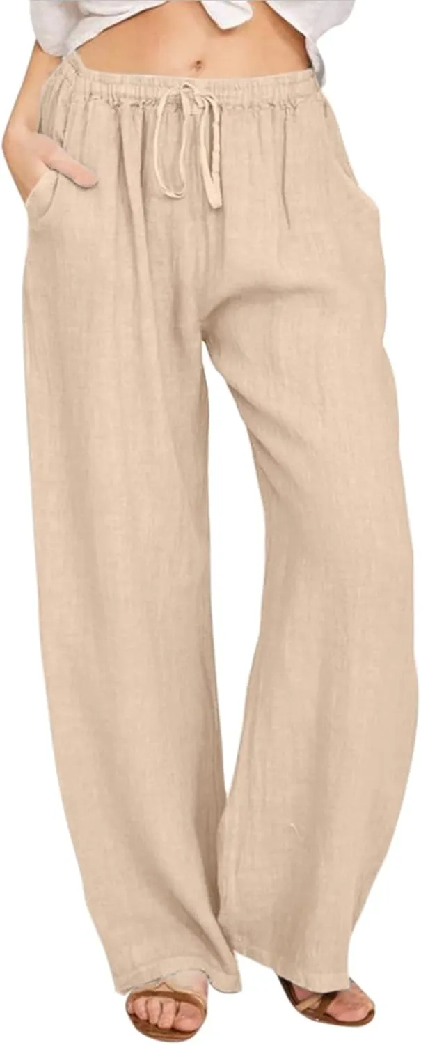 Linen Pants for Women Summer Casual Smocked High Waist Drawstring Palazzo Pants Loose Fit Wide Leg Trousers with Pockets