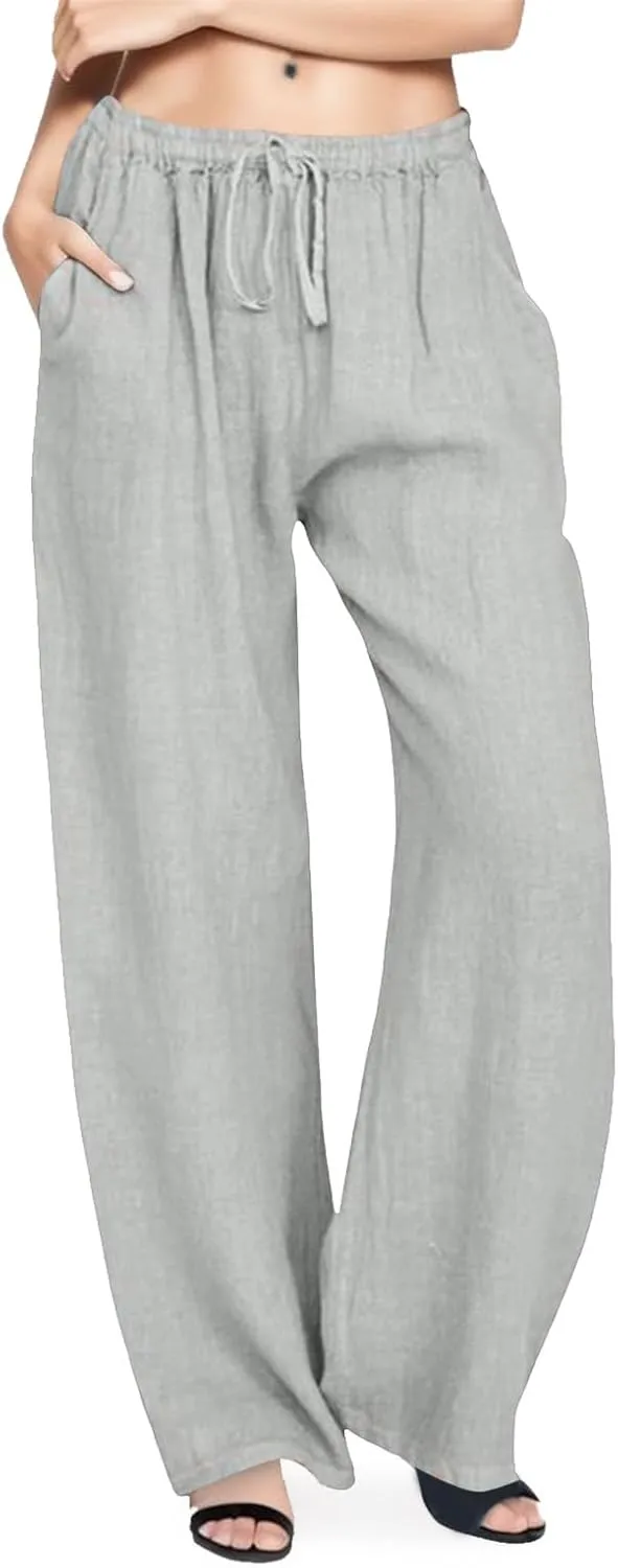 Linen Pants for Women Summer Casual Smocked High Waist Drawstring Palazzo Pants Loose Fit Wide Leg Trousers with Pockets