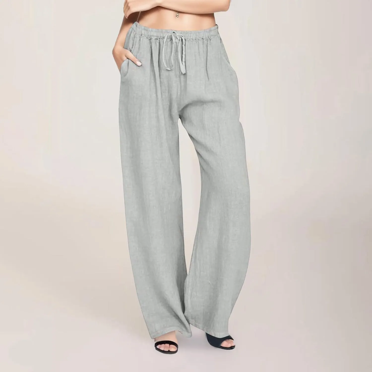 Linen Pants for Women Summer Casual Smocked High Waist Drawstring Palazzo Pants Loose Fit Wide Leg Trousers with Pockets
