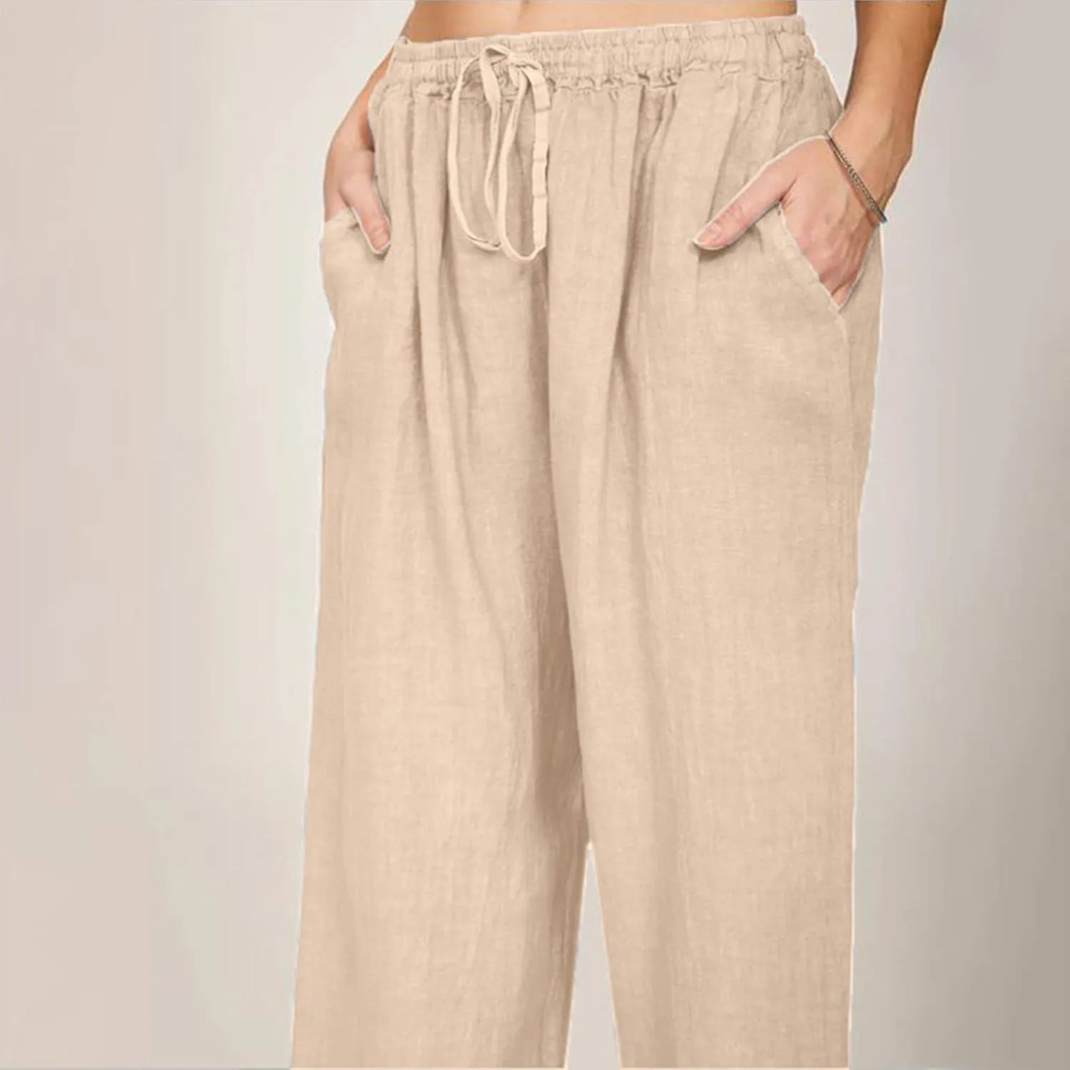 Linen Pants for Women Summer Casual Smocked High Waist Drawstring Palazzo Pants Loose Fit Wide Leg Trousers with Pockets