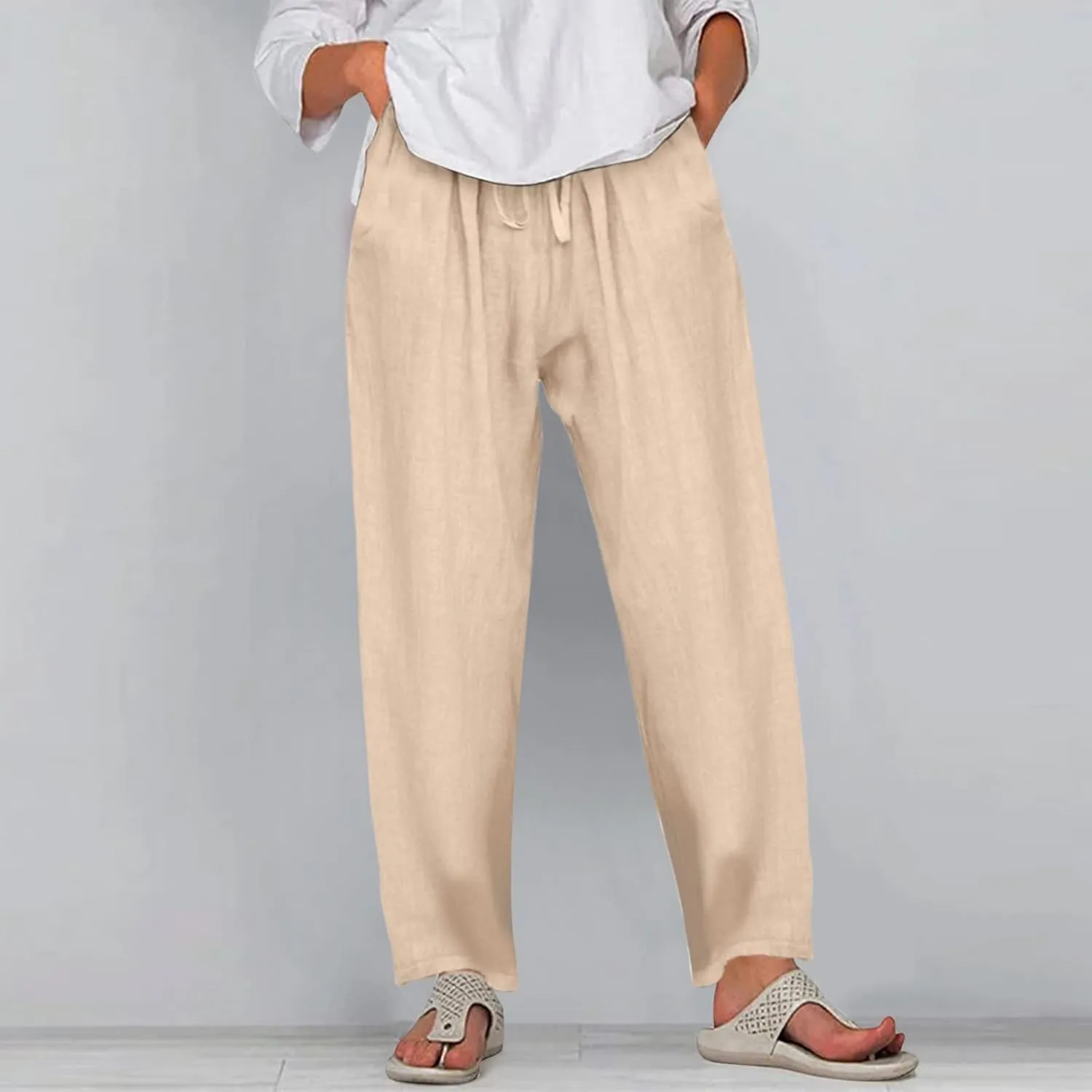 Linen Pants for Women Summer Casual Smocked High Waist Drawstring Palazzo Pants Loose Fit Wide Leg Trousers with Pockets