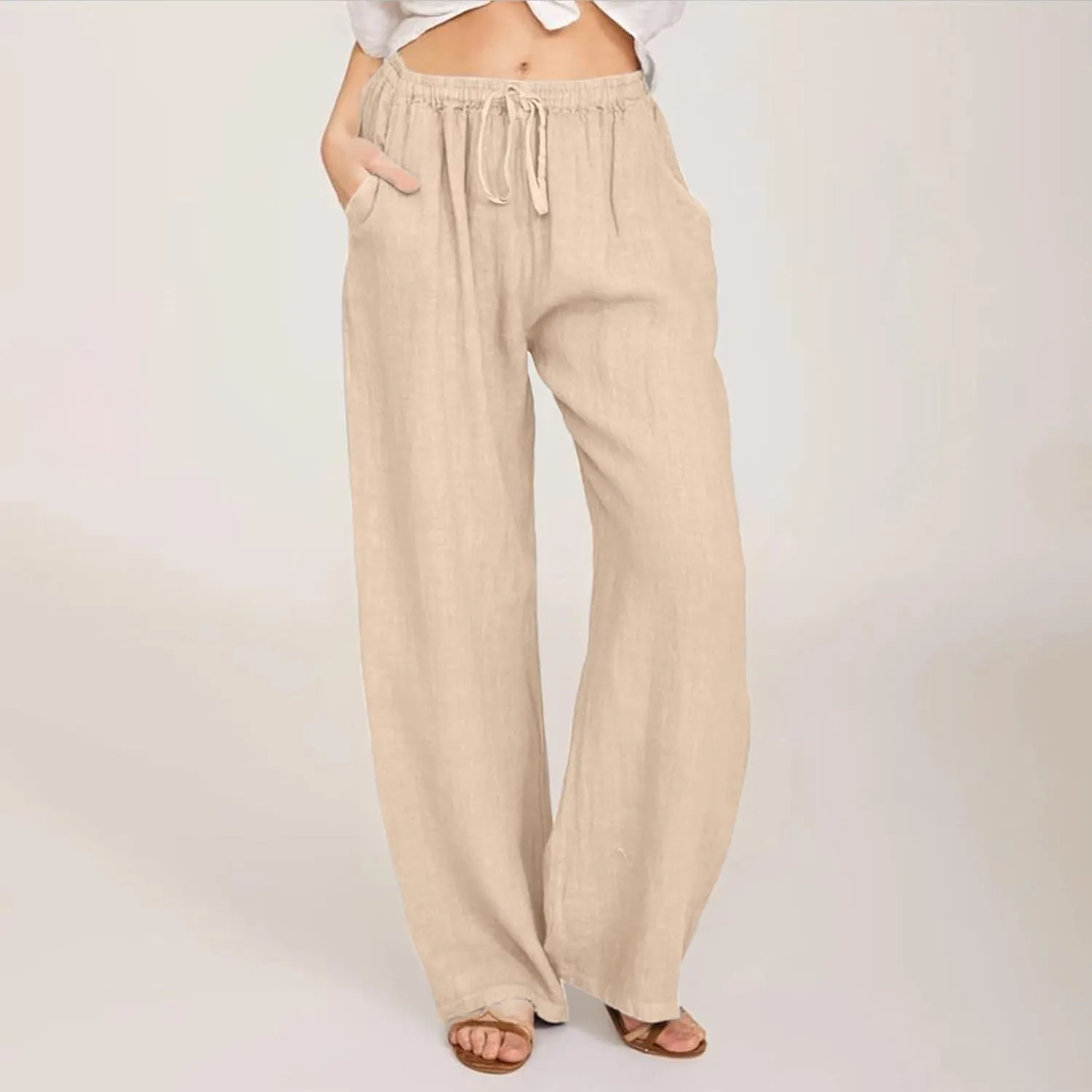 Linen Pants for Women Summer Casual Smocked High Waist Drawstring Palazzo Pants Loose Fit Wide Leg Trousers with Pockets