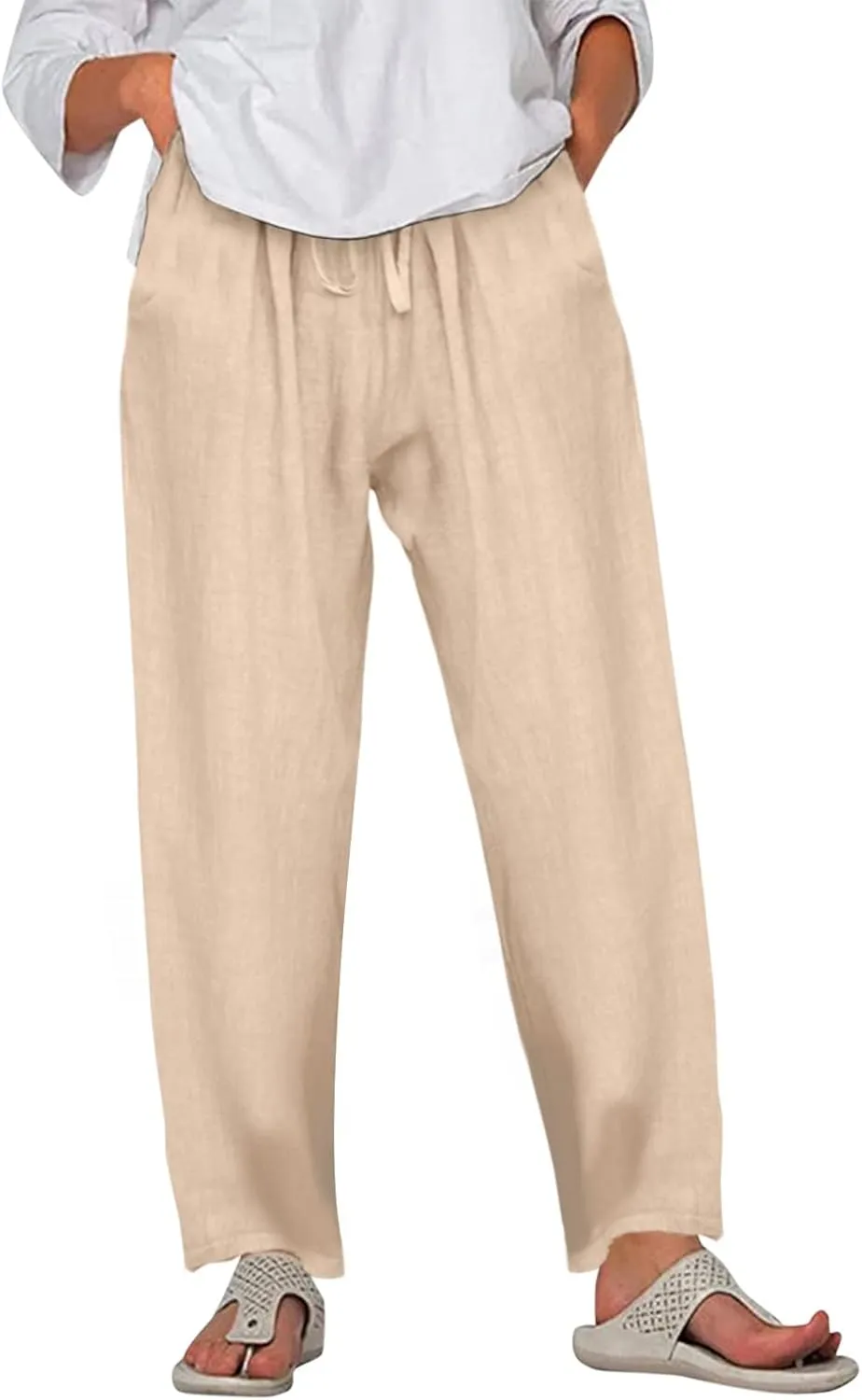Linen Pants for Women Summer Casual Smocked High Waist Drawstring Palazzo Pants Loose Fit Wide Leg Trousers with Pockets