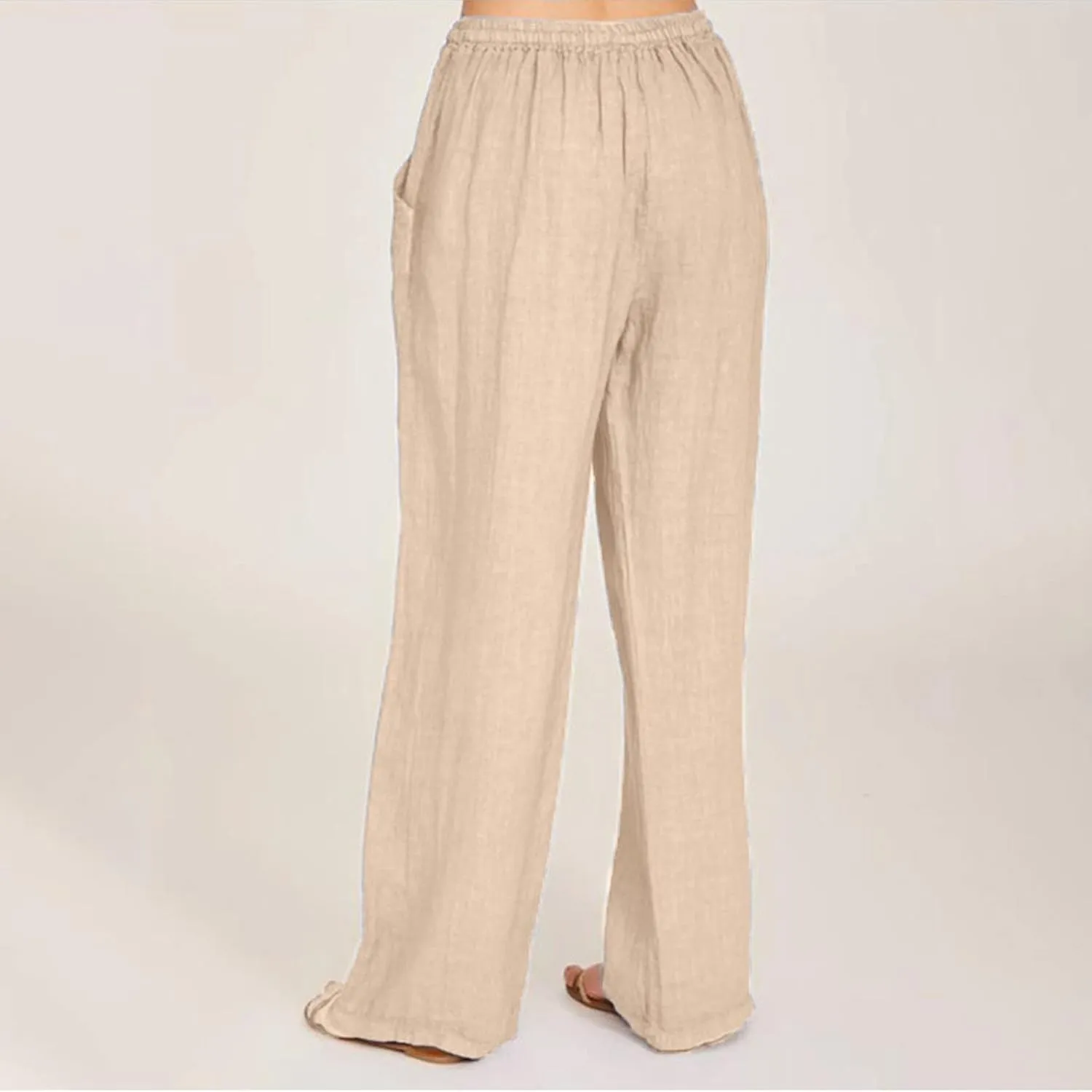 Linen Pants for Women Summer Casual Smocked High Waist Drawstring Palazzo Pants Loose Fit Wide Leg Trousers with Pockets