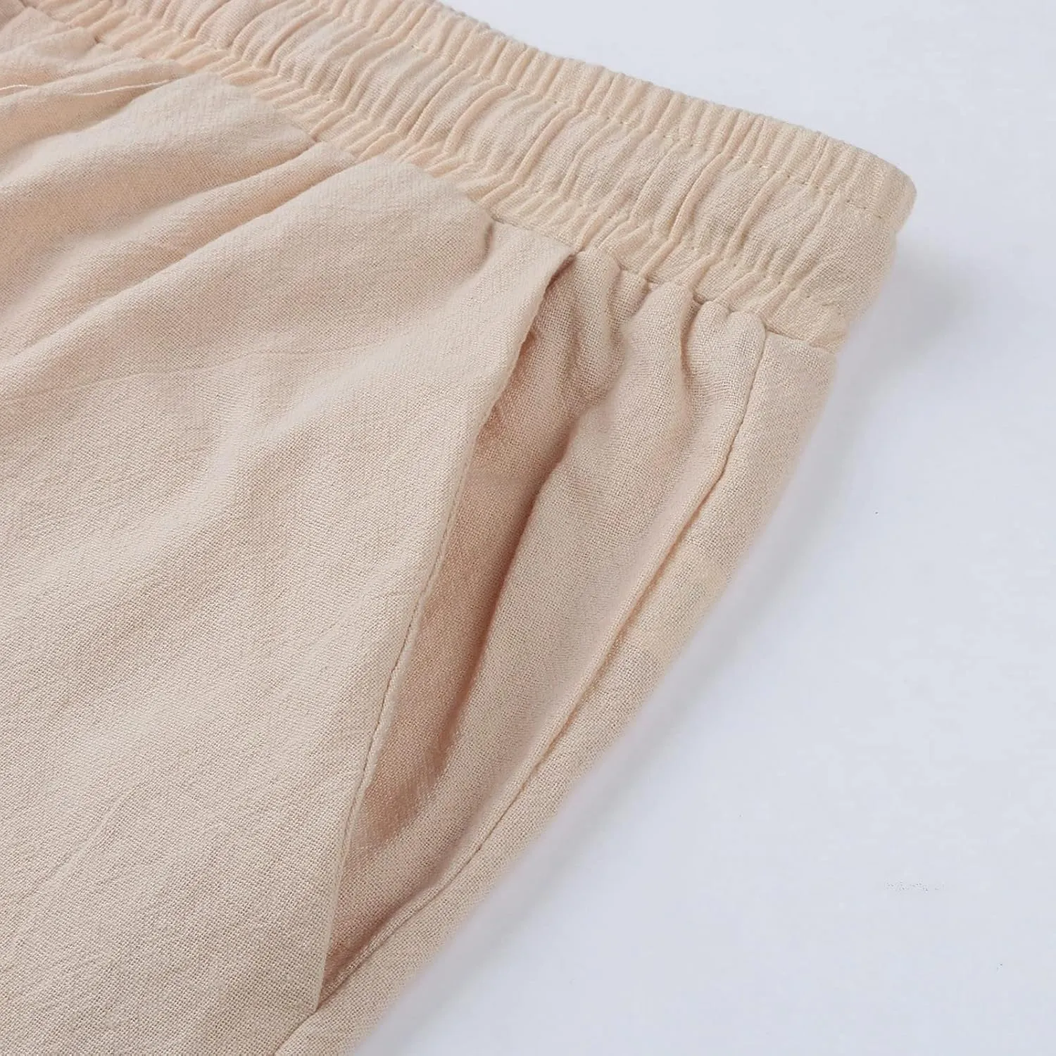 Linen Pants for Women Summer Casual Smocked High Waist Drawstring Palazzo Pants Loose Fit Wide Leg Trousers with Pockets