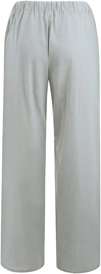 Linen Pants for Women Summer Casual Smocked High Waist Drawstring Palazzo Pants Loose Fit Wide Leg Trousers with Pockets