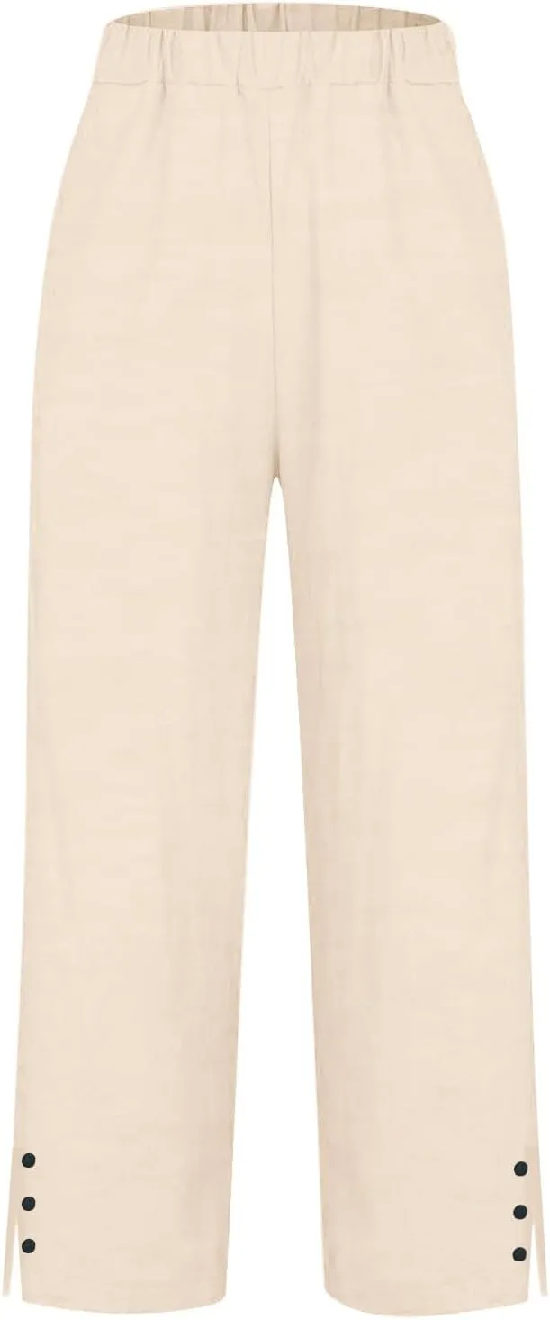 Linen Pants for Women Summer Elastic Waist Straight Leg Plus Size Crop Button Casual Beach Trousers with Pockets