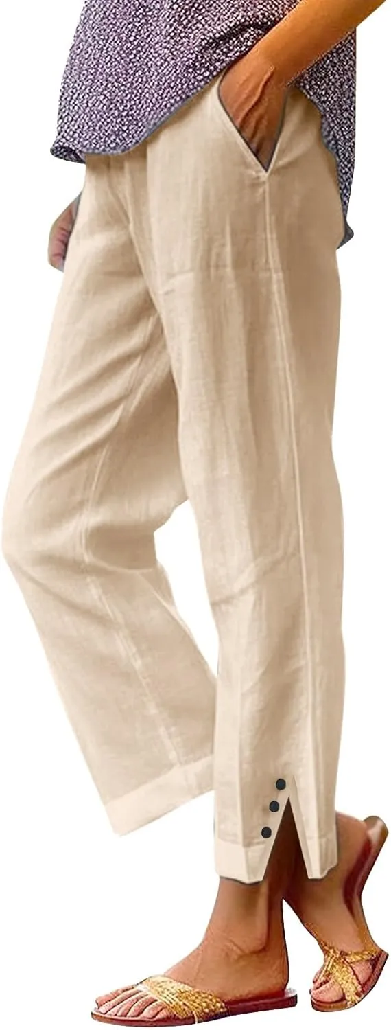 Linen Pants for Women Summer Elastic Waist Straight Leg Plus Size Crop Button Casual Beach Trousers with Pockets