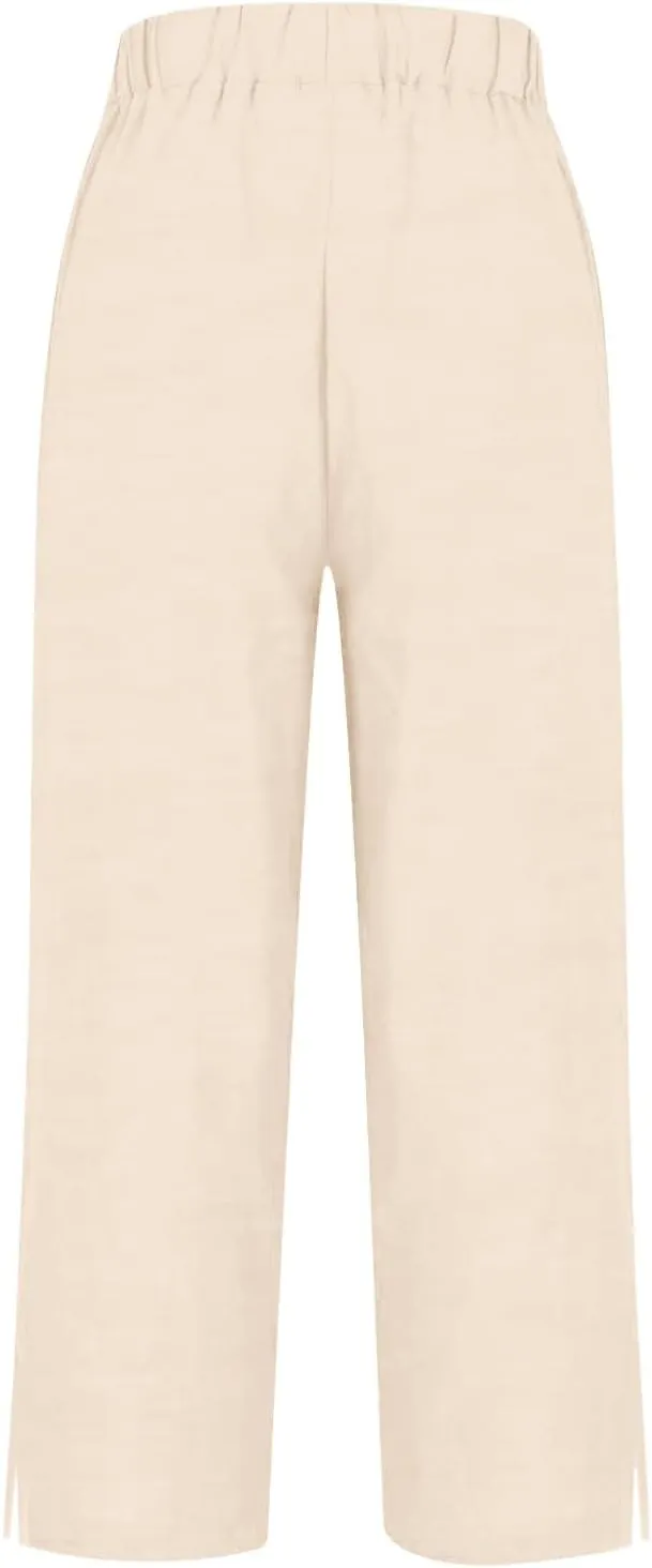 Linen Pants for Women Summer Elastic Waist Straight Leg Plus Size Crop Button Casual Beach Trousers with Pockets