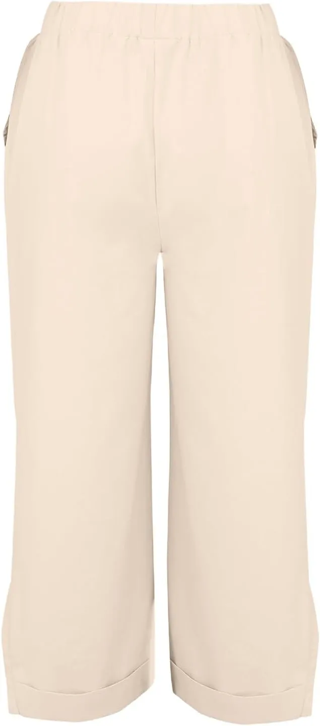Linen Pants for Women Summer Elastic Waist Straight Leg Plus Size Crop Button Casual Beach Trousers with Pockets