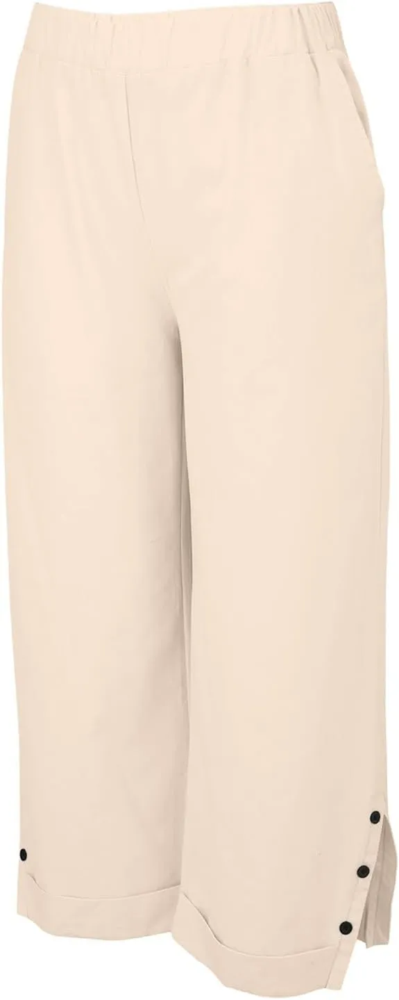 Linen Pants for Women Summer Elastic Waist Straight Leg Plus Size Crop Button Casual Beach Trousers with Pockets
