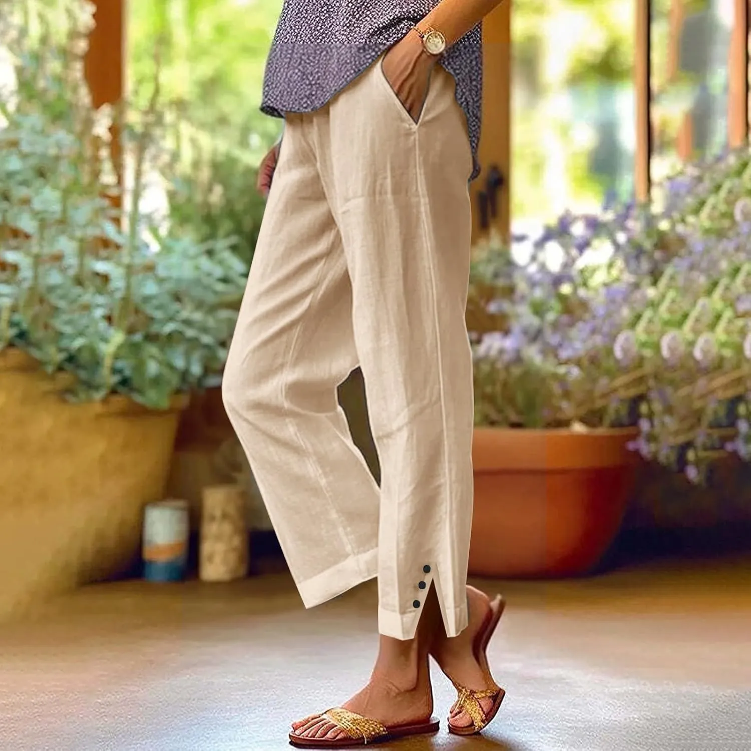 Linen Pants for Women Summer Elastic Waist Straight Leg Plus Size Crop Button Casual Beach Trousers with Pockets
