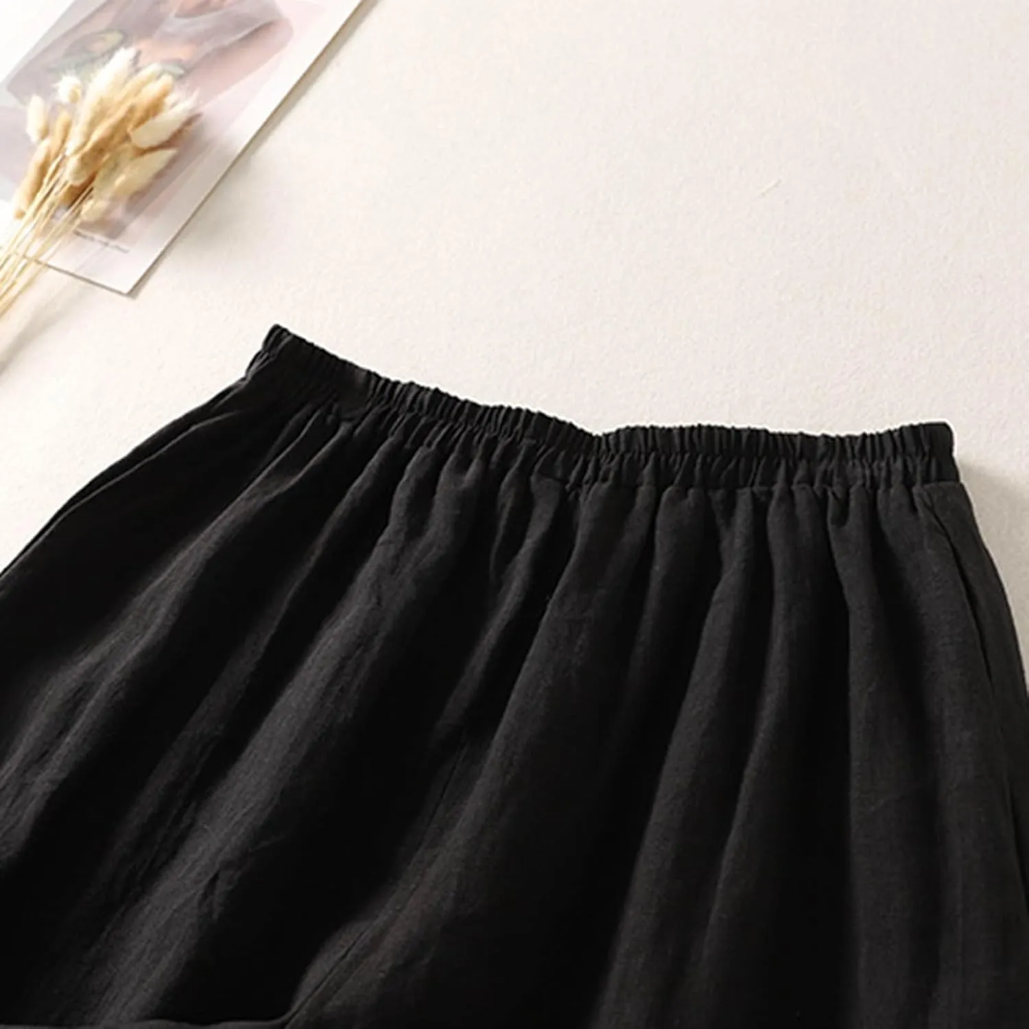 Linen Pants for Women Summer Linen Pant Nine Point Pants with Elastic Waist Loose Artistic Womens Linen Pants Wide Leg