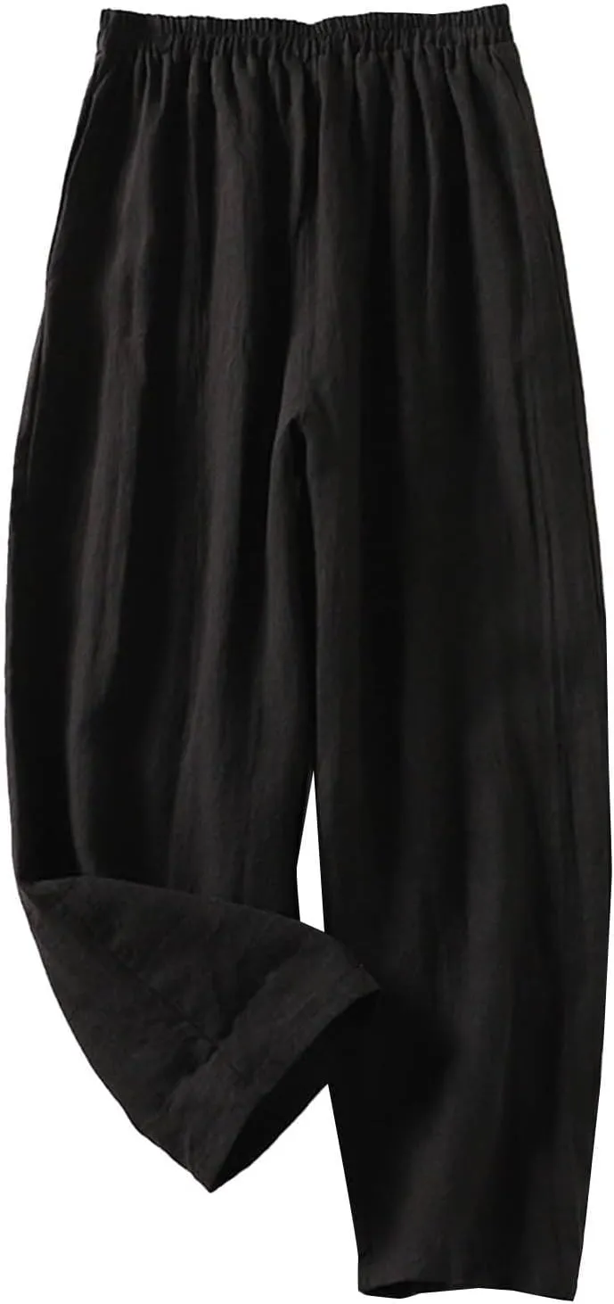 Linen Pants for Women Summer Linen Pant Nine Point Pants with Elastic Waist Loose Artistic Womens Linen Pants Wide Leg
