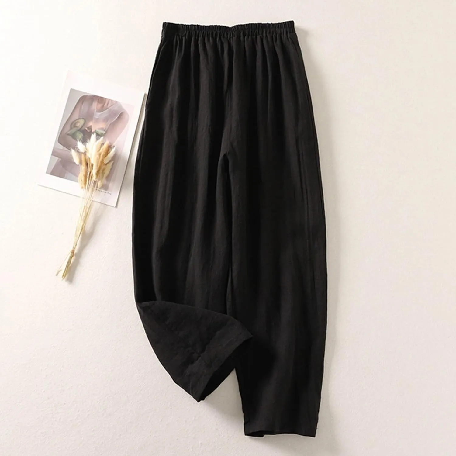 Linen Pants for Women Summer Linen Pant Nine Point Pants with Elastic Waist Loose Artistic Womens Linen Pants Wide Leg