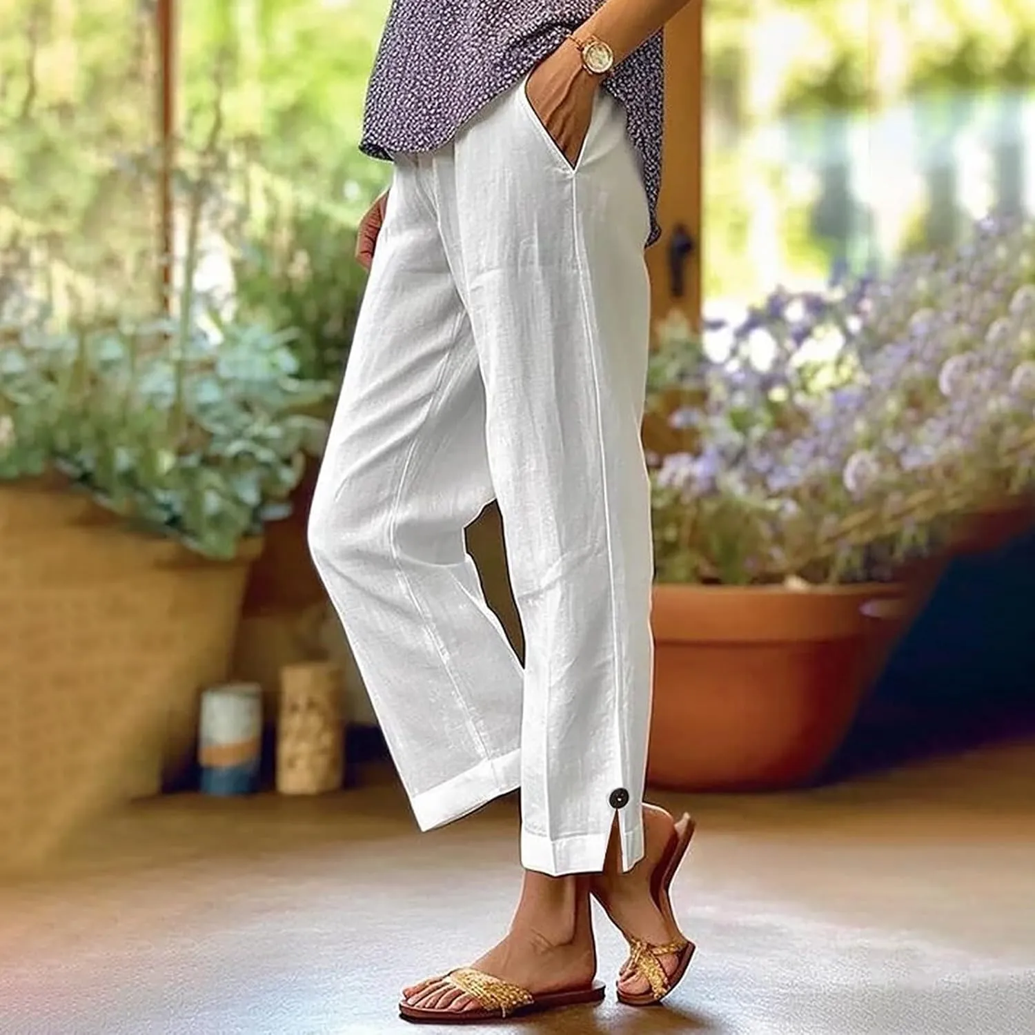 Linen Pants Women Comfy Elastic Waist Lightweight Boho Trousers with Pockets Soft Cotton Summer Hawaiian Beach Pants