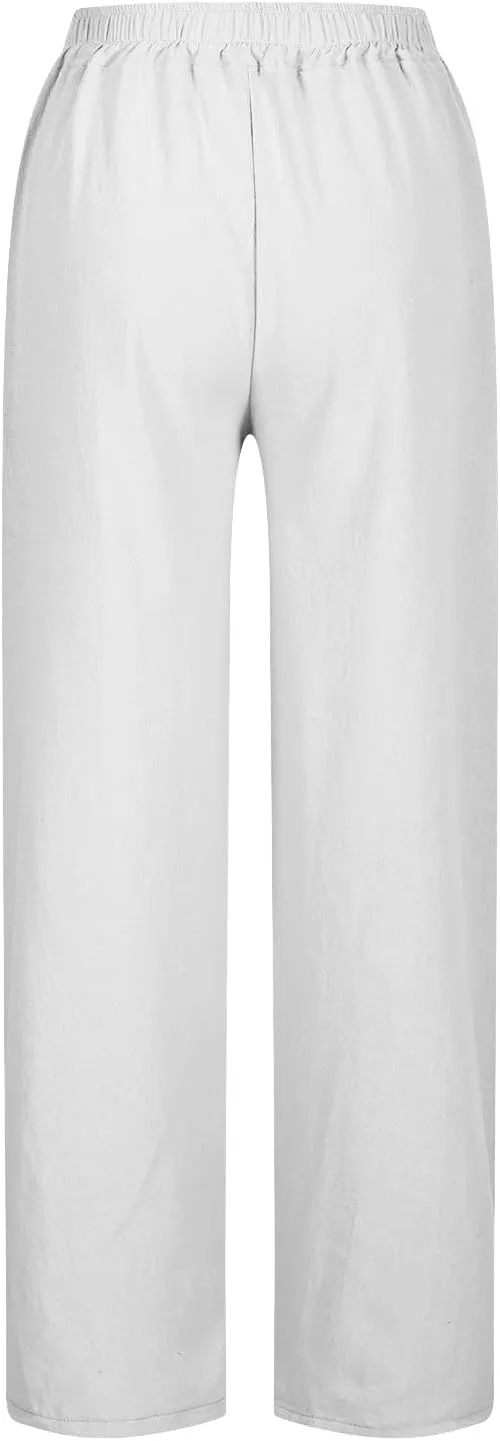 Linen Pants Women High Waist Elastic Straight Leg Lounge Pant 2025 Summer Casual Loose Lightweight Beach Trousers