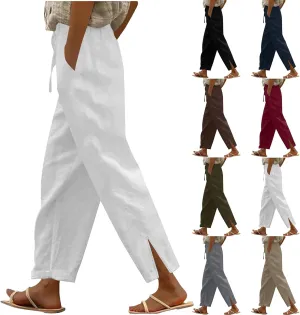 Linen Pants Women High Waist Elastic Straight Leg Lounge Pant 2025 Summer Casual Loose Lightweight Beach Trousers