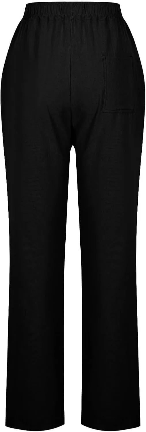 Linen Pants Women High Waist Linen Trousers Drawstring Waist Casual Pants Summer Vacation Beach Long Pant with Pockets