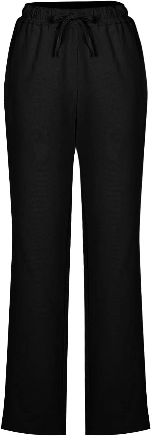 Linen Pants Women High Waist Linen Trousers Drawstring Waist Casual Pants Summer Vacation Beach Long Pant with Pockets