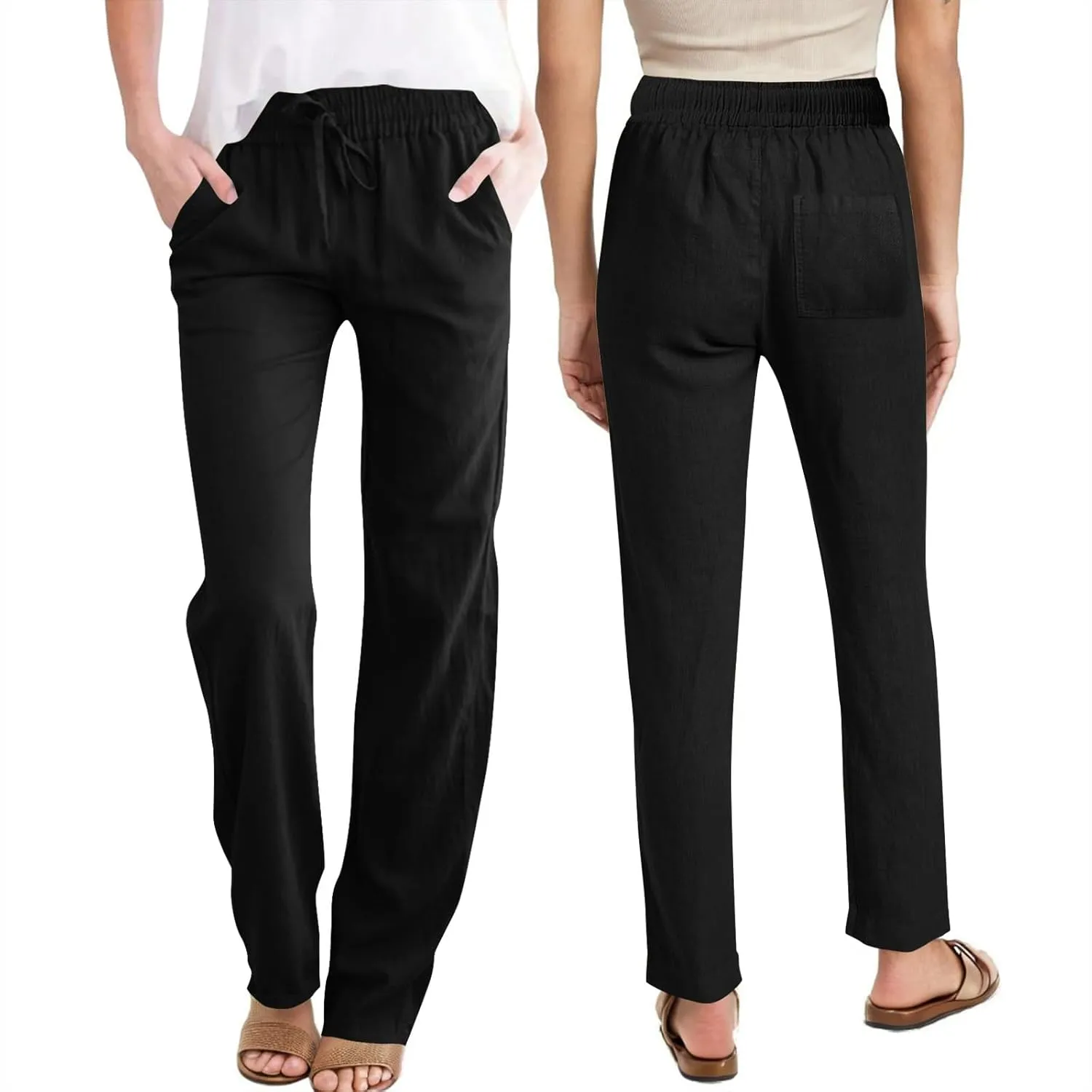 Linen Pants Women High Waist Linen Trousers Drawstring Waist Casual Pants Summer Vacation Beach Long Pant with Pockets