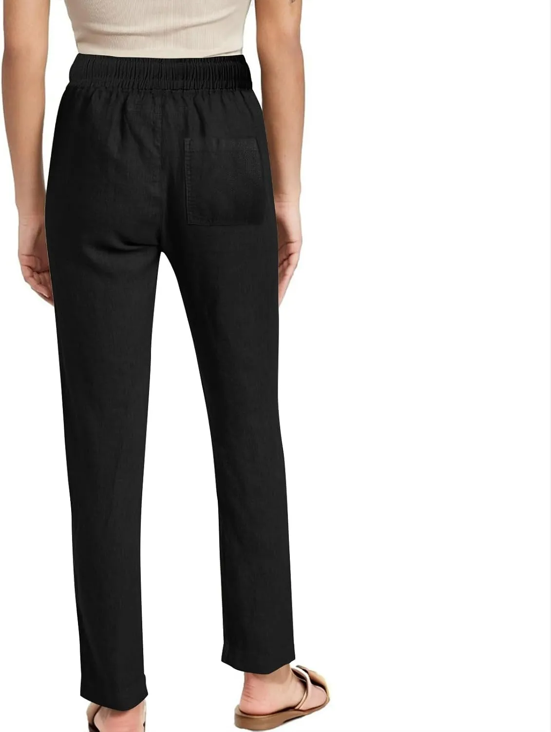 Linen Pants Women High Waist Linen Trousers Drawstring Waist Casual Pants Summer Vacation Beach Long Pant with Pockets