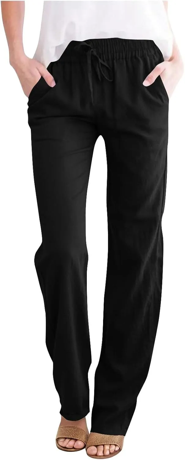 Linen Pants Women High Waist Linen Trousers Drawstring Waist Casual Pants Summer Vacation Beach Long Pant with Pockets