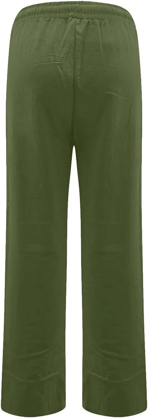 Linen Pants Women Lightweight Drawstring High Waisted Pull On Pants with Pockets Summer Boho Straight Leg Work Pants