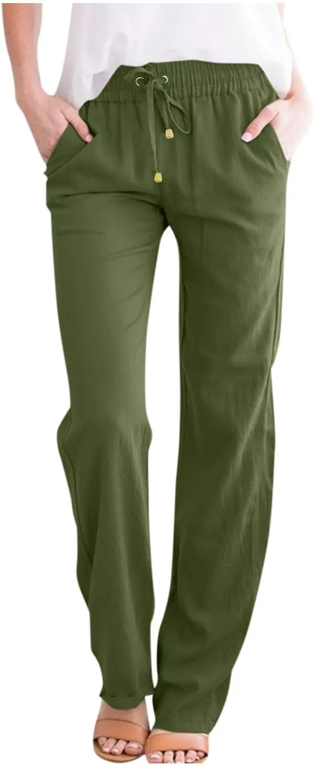 Linen Pants Women Lightweight Drawstring High Waisted Pull On Pants with Pockets Summer Boho Straight Leg Work Pants