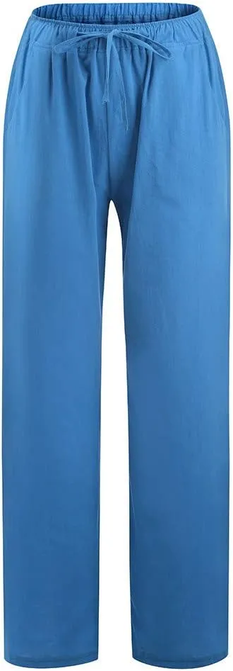 Linen Pants Women Summer 2024 Casual Drawstring Elastic Waist Cotton Long Wide Leg Pant Lounge Trousers with Pockets