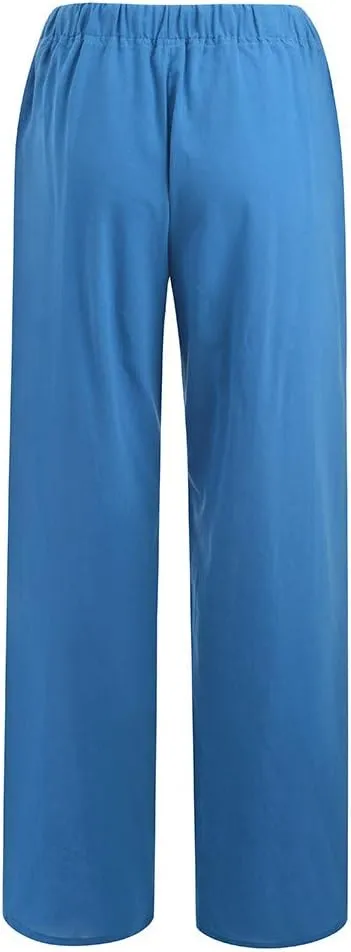 Linen Pants Women Summer 2024 Casual Drawstring Elastic Waist Cotton Long Wide Leg Pant Lounge Trousers with Pockets