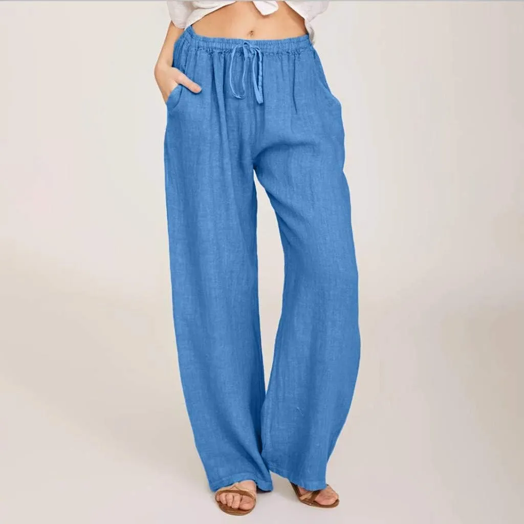 Linen Pants Women Summer 2024 Casual Drawstring Elastic Waist Cotton Long Wide Leg Pant Lounge Trousers with Pockets