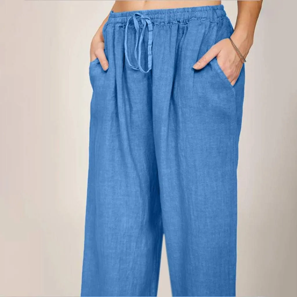 Linen Pants Women Summer 2024 Casual Drawstring Elastic Waist Cotton Long Wide Leg Pant Lounge Trousers with Pockets