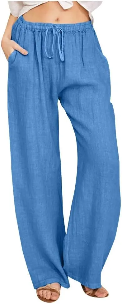 Linen Pants Women Summer 2024 Casual Drawstring Elastic Waist Cotton Long Wide Leg Pant Lounge Trousers with Pockets