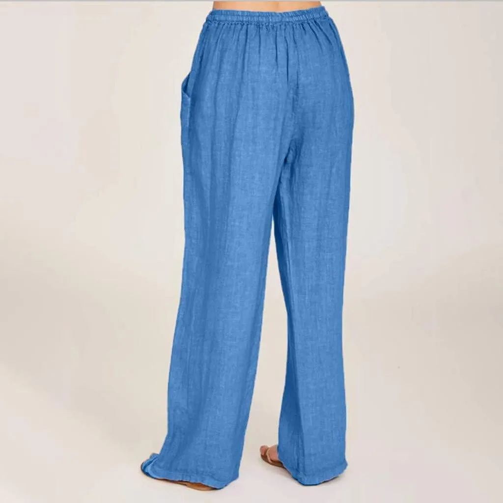Linen Pants Women Summer 2024 Casual Drawstring Elastic Waist Cotton Long Wide Leg Pant Lounge Trousers with Pockets