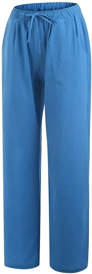 Linen Pants Women Summer 2024 Casual Drawstring Elastic Waist Cotton Long Wide Leg Pant Lounge Trousers with Pockets