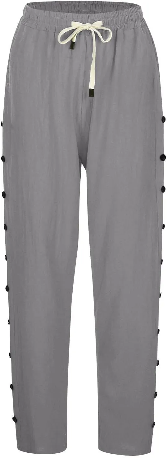 Linen Pants Women Summer Casual Side Button Striped Pants Lightweight Drawstring Guaze Pants Loose Cropped Trousers