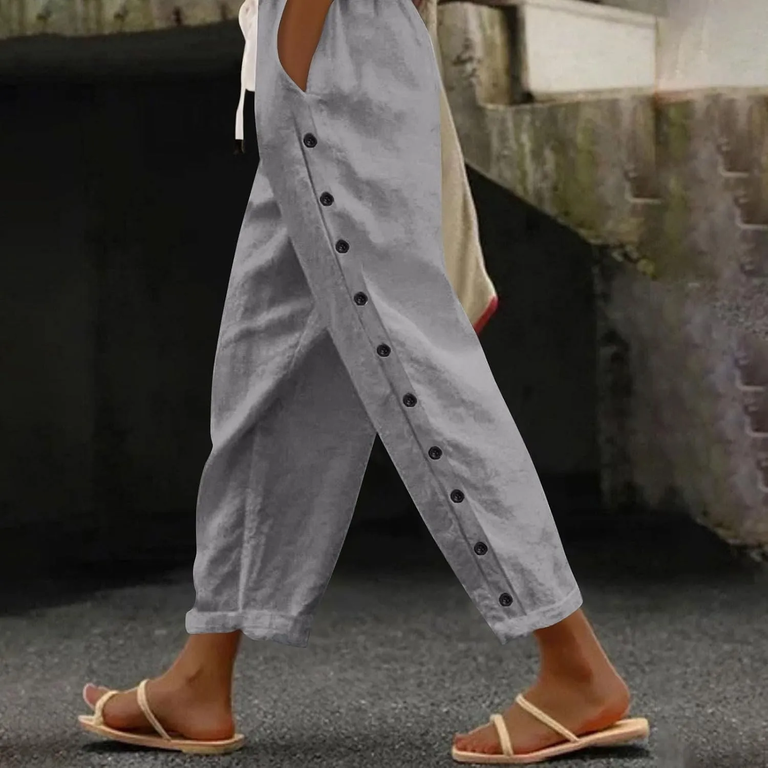 Linen Pants Women Summer Casual Side Button Striped Pants Lightweight Drawstring Guaze Pants Loose Cropped Trousers